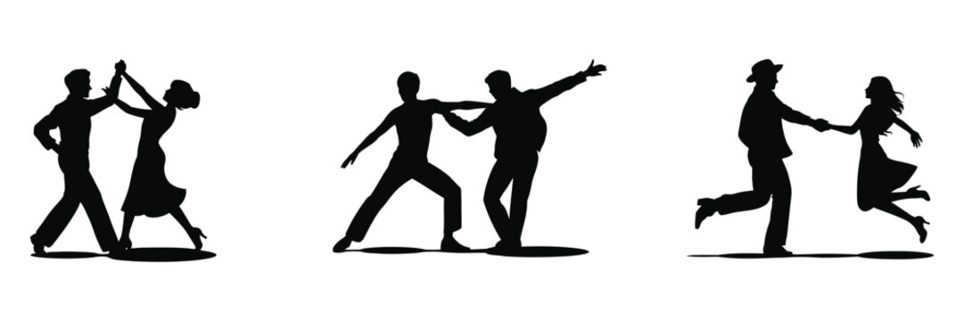vintage swing dance couple silhouette set, retro dancing partners in dynamic poses for jazz music, performance and entertainment themed design vector illustration.