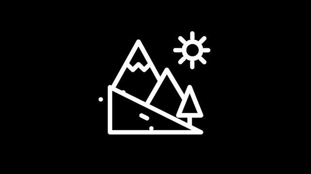Stylized line art icon of mountains, trees, and sun on a black background