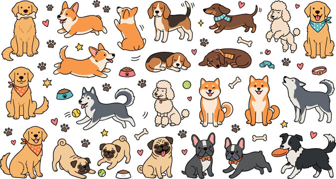 Cute cartoon dog character vector illustration collection with diverse purebred puppies including corgi bulldog retriever pug dalmatian samoyed poodle and dachshund (22 words)