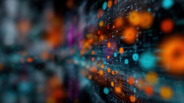 Abstract digital landscape with vibrant colors and floating data elements creating an illusion of depth and motion in technology and innovation themes