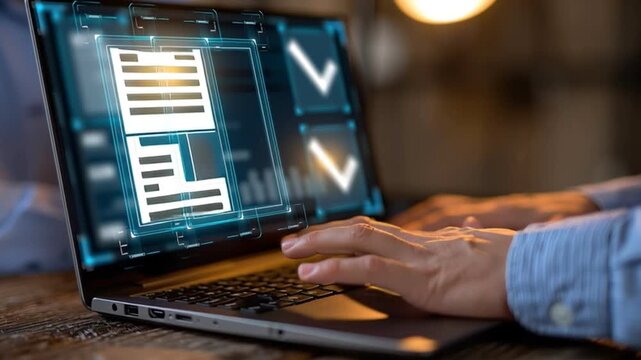 Laptop screen document check mark hand typing on wooden table in warm office light, online review window and form icons in dark office, keyboard focus
