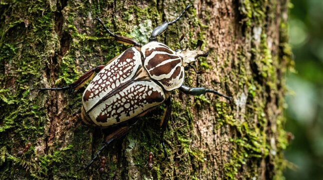 Giant Goliath Beetle on Mossy Tree Bark
