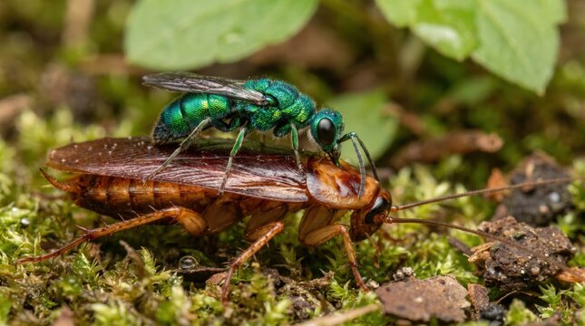 Green Wasp Paralyzing a Cockroach on Mossy Ground