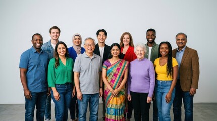 Obraz premium Diverse group of people from various backgrounds smiling together in a studio portrait showcasing unity and inclusion.