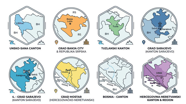 Icons representing cantons and cities in bosnia and herzegovina