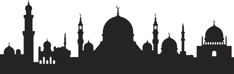 Islamic mosque cityscape skyline silhouette domes minarets crescent flat vector © Samiul
