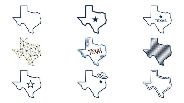 Texas state map icon collection in various artistic styles
