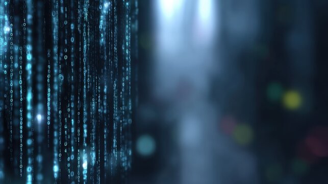 Abstract digital binary code background with glowing blue numbers cascading down, representing technology, data, and modern computing concepts in a futuristic style