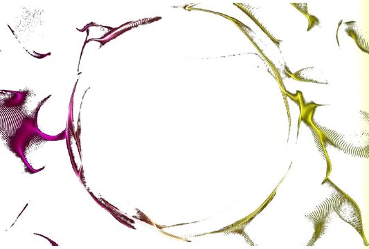 Dynamic abstract artwork with swirling magenta and chartreuse forms embracing a pristine white central circle, creating a vibrant and energetic visual flow