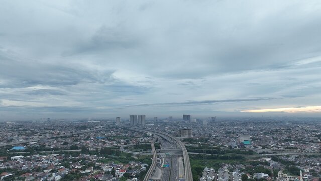 Aerial view of the highway interchange in Bekasi Barat, West Java, Indonesia.