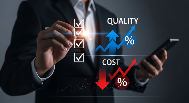 Businessman optimizing business cost reduction and quality improvement strategy