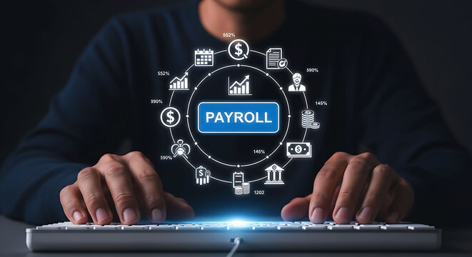 Businessman processing payroll online using computer keyboard finance icons concept