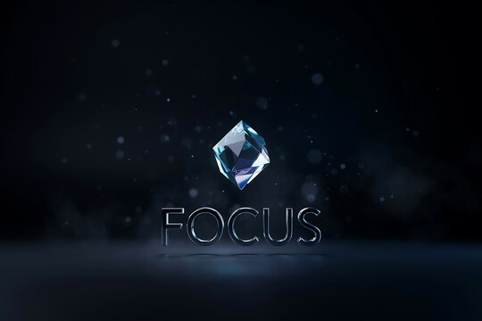 3D abstract business focus concept illustration with glowing glass crystal prism and metallic typographic text on dark background.