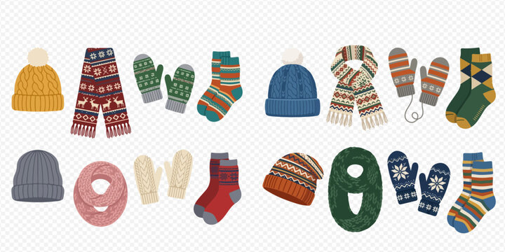 Collection of various knitted winter accessories including hats, scarves, mittens, and socks in different colors and patterns.