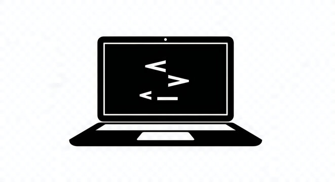 Black laptop icon with coding symbols on screen isolated on white background