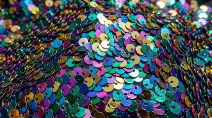 Obraz premium Iridescent Sequin Fabric Texture Background Featuring Vibrant Multi Colored Shimmering Discs for Fashion Design and Festive Celebration Projects