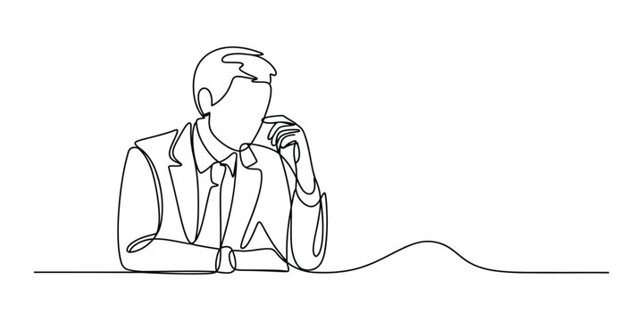Continuous line drawing of a businessman thinking at desk