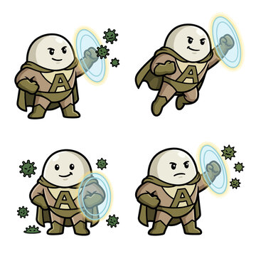 Cartoon mascot holds shield with germs floating around in four poses