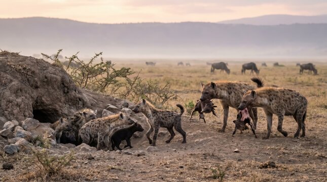 Hyena family feeding on prey near their den in savanna
