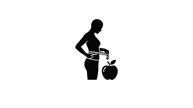 Silhouette of woman measuring waist with tape and holding apple.