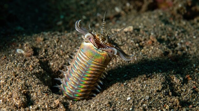 Colorful Bristle Worm Emerging from Sandy Seabed