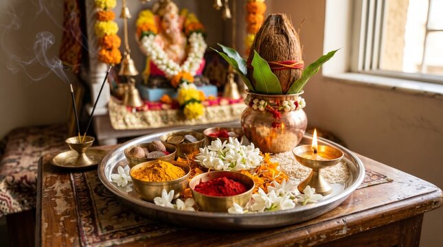 Close-up of Traditional Brass Puja Thali with Turmeric, Kumkum, Jasmine Flowers, and a Glowing Oil Lamp for Mangala Gauri Vrat Hindu Religious Ritual