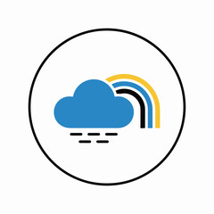 Fototapeta premium Minimalist vector icon featuring a blue fluffy cloud with light rain and a colourful yellow rainbow arc enclosed within a clean black circular frame isolated on a white background design.