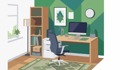 Fototapeta premium Modern Home Office Workspace Vector Illustration for Remote Work and Online Study