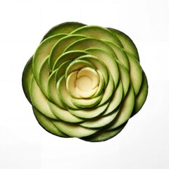 Obraz premium Deconstructed avocado rose floating in mid air from top view flat lay. Clean background with copy space for text.