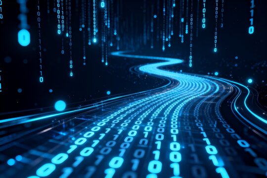 Digital Data Stream with Binary Code on Blue Path