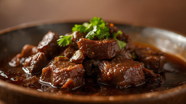 Delicious chunks of beef in rich brown sauce garnished with herbs on plate