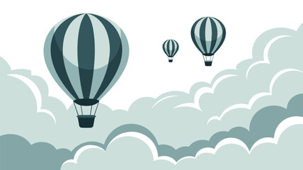 Obraz premium Three hot air balloons floating through soft white and blue clouds in a peaceful sky during a calm day journey.