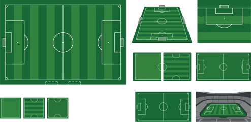 Soccer field layouts show various match views. © Md