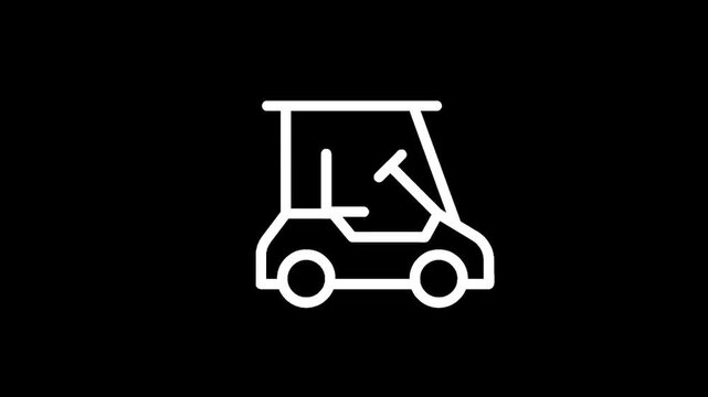 Simple white line art icon of a golf cart on a black background