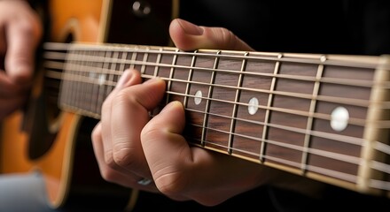 Obraz premium Acoustic Guitar Player's Hands Close Up on Fretboard