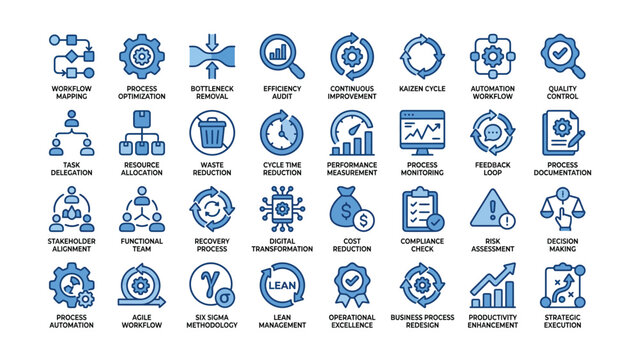 Process improvement and workflow solid icon set. Featuring process optimization, continuous improvement, agile workflow, and cost reduction. Vector icons for business operations and presentations