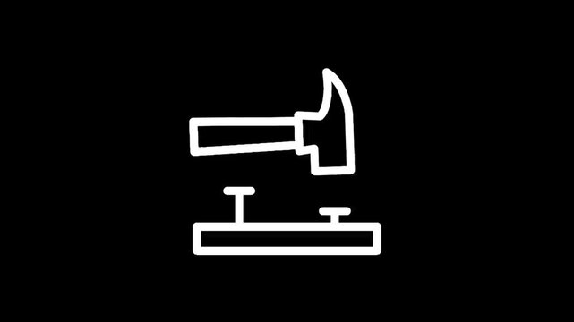 Hammer striking nails on a wooden plank, simple line art icon on black background