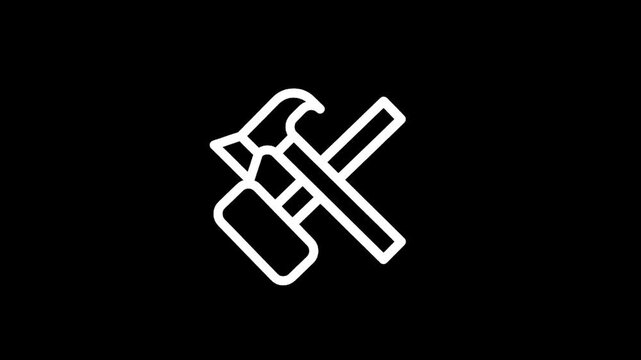 Simple line art icon of a hammer and axe crossed on a black background