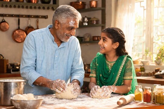 Indian grandfather and granddaughter enjoying a heartfelt bonding moment while kneading dough together in a kitchen, celebrating family connection, happiness, and tradition