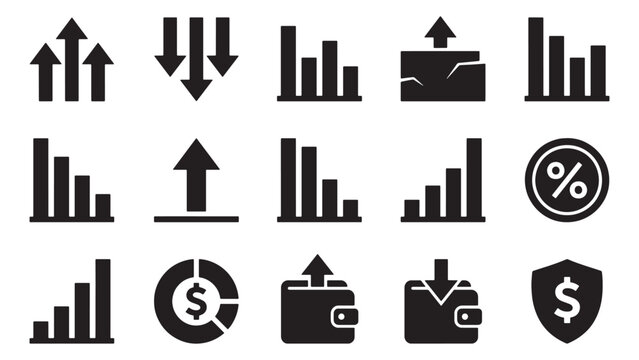 Financial Data and Investment Icon Set with Bar Chart Percentage Pie Wallet Shield Dollar and Arrow Trend Symbols for Vector Illustration