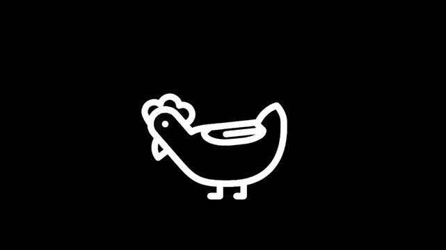 Simple white line art chicken icon on a black background, minimalist design