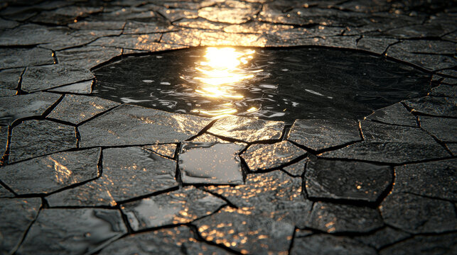 Cracked ground water puddle sunlight reflection polygonal tile abstract texture wet surface natural pattern outdoor closeup dramatic lighting. scene evokes sense of calm and resilience