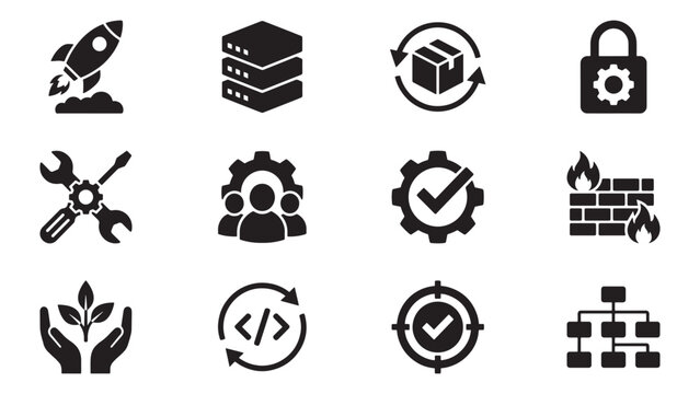 Software Engineering and DevOps Icon Set with Rocket Server Package Wrench Gear Group Code Target and Hierarchy Symbols for Vector Illustration