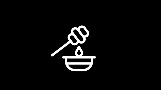 Simple white icon of a honey dipper dripping into a small bowl on a black background