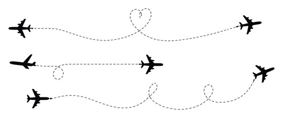 Airplane route, dotted flight path with flying plane symbol, twisted curved straight and heart shaped dashed trace line, vector illustration. © RIOTOO