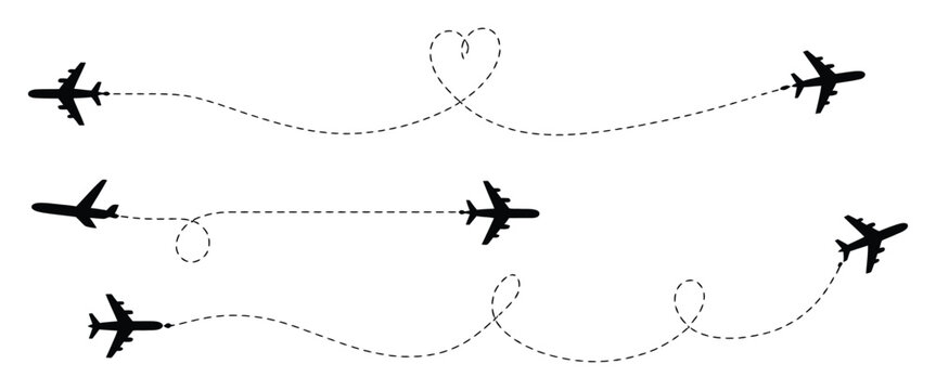 Airplane route, dotted flight path with flying plane symbol, twisted curved straight and heart shaped dashed trace line, vector illustration.