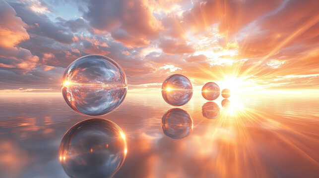 Floating glass orbs smooth gradient reflective surface sunset sky serene atmosphere glowing light abstract landscape peaceful mood surreal scene dreamy reflection