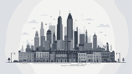 Naklejka premium Detailed black and white cityscape skyline showing various architectural styles, tall skyscrapers, and city streets.