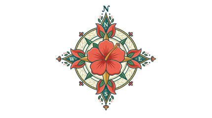 Vintage nautical compass rose with blooming red hibiscus flower © Hilda