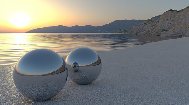 Reflective metal spheres sandy beach calm sea sunset serene landscape mountain peaceful smooth surface tranquil nature